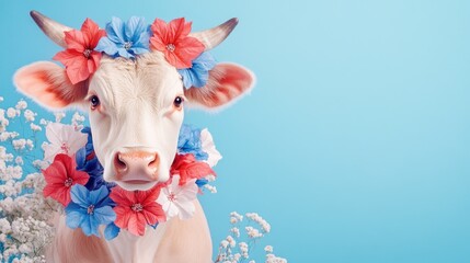 Naklejka premium Cow with colorful floral garland on a light blue background. Independence Day, Fourth of July, July 4th - American Freedom Celebration, US National Holiday USA