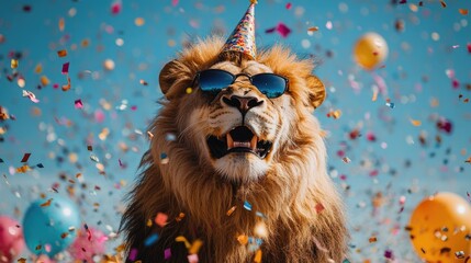 Festive lion with party hat and sunglasses amidst colorful confetti and balloons © O
