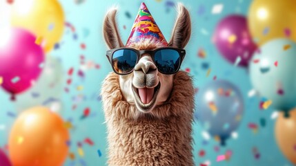 Festive llama in party hat with sunglasses and confetti background