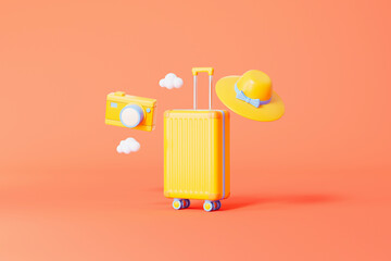 3d rendering travel suitcase and camera with hat