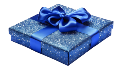 Sparkling blue gift box with satin ribbon and bow on white background