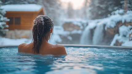 Woman enjoying winter pool with snowy waterfall view