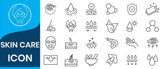 Skin care line icons set. Moisture cream, acid, anti wrinkle serum, ceramide, collagen, retinol compound, sunscreen vector illustration. Skin care icon set. Wellness and body spa .