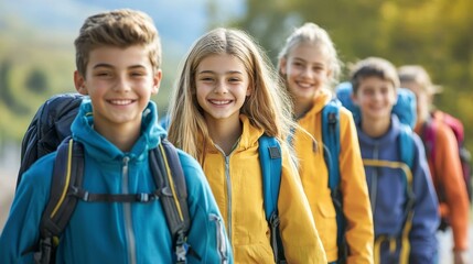 Group of children hiking in nature