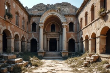 Ancient Ruined Building With Arches and Columns - Historical Landmark