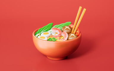 3d rendering noodles and ramen in red background