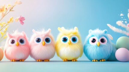 Obraz premium Colorful fluffy owlets with bright eyes in pastel setting. Easter, Pascha, Paskha, Ostern, Pascua, Paques - Orthodox and Catholic Holiday celebration