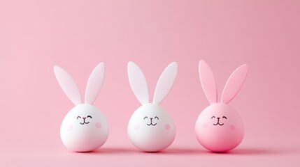 Obraz premium Three cute pink and white bunny figurines on pink background. Easter, Pascha, Paskha, Ostern, Pascua, Paques - Orthodox and Catholic Holiday celebration
