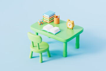 3d rendering cartoon style indoor desk in blue background