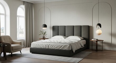 Serene bedroom boasts soft light illuminating plush bed and calming neutral tones. AI Generated