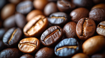 A detailed shot of coffee beans displaying their rich textures and varying roast levels