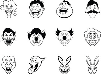 Fototapeta premium Collection of twelve funny cartoon faces with various expressions and features