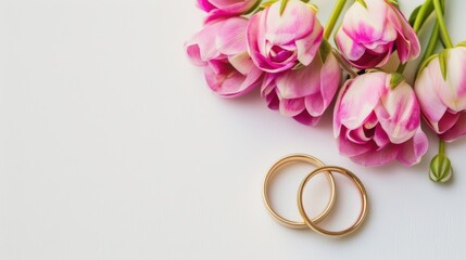 Romantic Scene: Two Golden Wedding Rings Nestled Among Pink Flowers on a Pure White Background