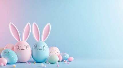 Colorful easter decor with bunny ear eggs on pastel background. Easter, Pascha, Paskha, Ostern, Pascua, Paques - Orthodox and Catholic Holiday celebration