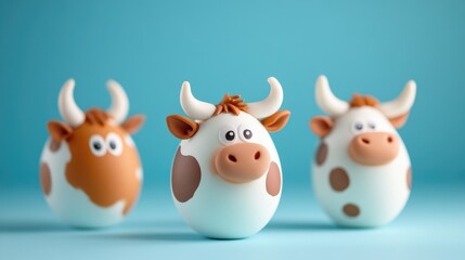 Cute cow-themed egg decorations with cartoon faces on blue background. Easter, Pascha, Paskha, Ostern, Pascua, Paques - Orthodox and Catholic Holiday celebration