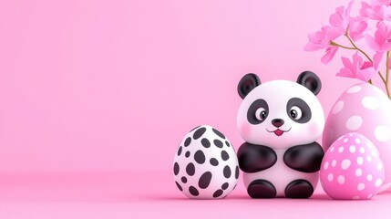 Cute panda with decorated eggs and cherry blossoms on pink background. Easter, Pascha, Paskha, Ostern, Pascua, Paques - Orthodox and Catholic Holiday celebration
