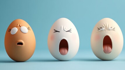 Three eggs with expressive faces yawning against a blue background. Easter, Pascha, Paskha, Ostern, Pascua, Paques - Orthodox and Catholic Holiday celebration
