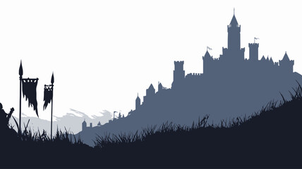 The image depicts a stylized silhouette of a large medieval castle complex situated on a hill against a lighter background.  The castle is detailed, showing various towers and walls. In the