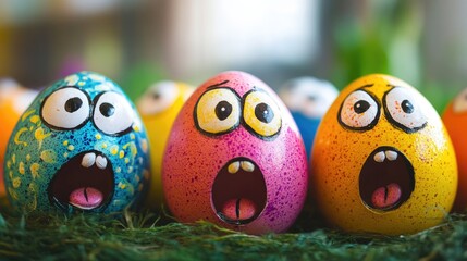 Colorful cartoon eggs with surprised faces on grass. Easter, Pascha, Paskha, Ostern, Pascua, Paques - Orthodox and Catholic Holiday celebration