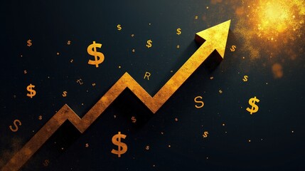 A stock illustration symbolizing National security in Black and gold, featuring diagonal shapes, Dollar signs, and rising arrows, with texture overlays and spatial complexity.