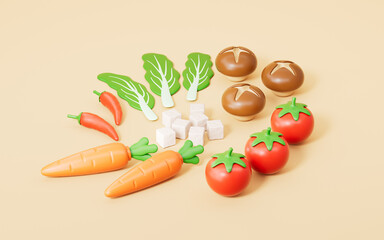 3d rendering cartoon vegetables in yellow background