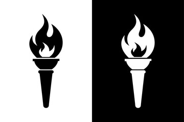 Burning Torch Vector Icon Clean Silhouette on Black and White Background.