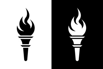 Burning Torch Vector Icon Clean Silhouette on Black and White Background.