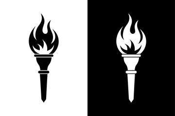 Burning Torch Vector Icon Clean Silhouette on Black and White Background.
