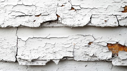 A close-up view of white paint peeling off an aged wall, revealing textured layers beneath. The paint curls and flakes, showcasing a weathered surface with hints of gray and beige.
