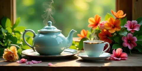 Fototapeta premium Serene morning tea ritual with a steaming teapot and delicate floral arrangement, bathed in sunlight