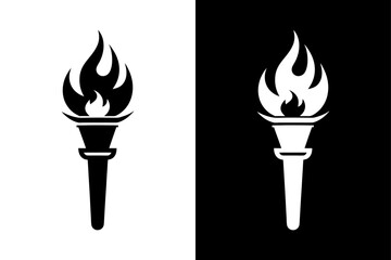 Burning Torch Vector Icon Clean Silhouette on Black and White Background.