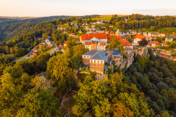 Village Hohnstein with Hohnstein castle and medieval half-timbered houses. Medieval building in Saxon Switzerland