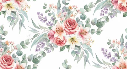 Soft pastel roses elegantly arranged watercolor floral pattern. AI Generated