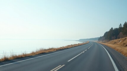 Asphalt ribbon unwinding along a tranquil coastal highway, offering a serene journey beside a calm body of water under a pale sky.