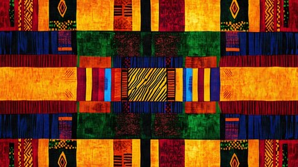 A tribal African kente cloth weave pattern, bursting with vibrant colors and traditional geometric designs
