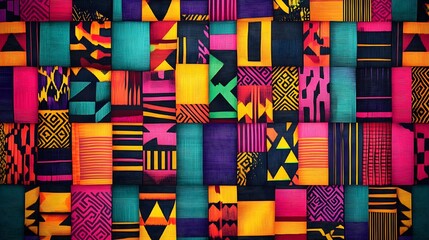 A tribal African kente cloth weave pattern, bursting with vibrant colors and traditional geometric designs