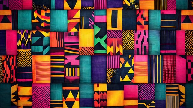 A tribal African kente cloth weave pattern, bursting with vibrant colors and traditional geometric designs