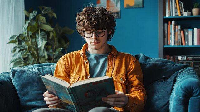 A person with autism reads a book in the blue living room.