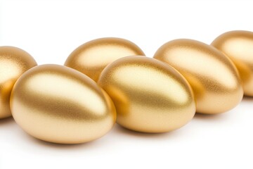 Close Up of Shiny Gold Eggs on White Background