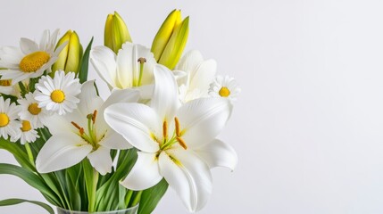 Close Up of White Lilies and Daisies Bouquet in Vase Against Bright White Background