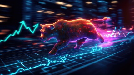 Futuristic neon bull charging through digital stock market with graph and lights. Bull vs Bear, Stock Market Symbolism, Financial Trading Concept - Investment Trend Representation