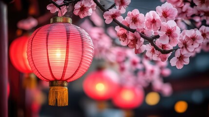 Obraz premium Chinese red lanterns and cherry blossoms in bloom. Chinese New Year, Lunar New Year, Spring Festival, Chunjie - Asian Cultural Celebration, Eastern Calendar Holiday