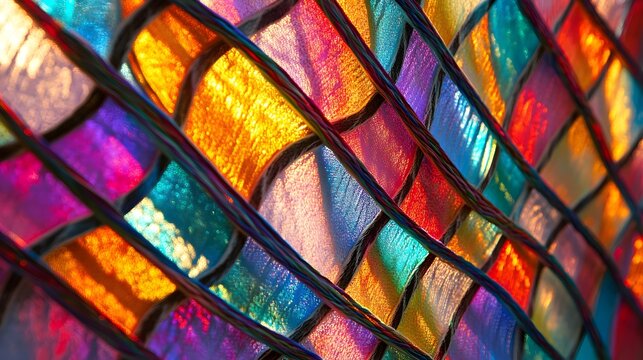 A stained-glass-inspired weaving pattern with colorful, translucent threads catching light