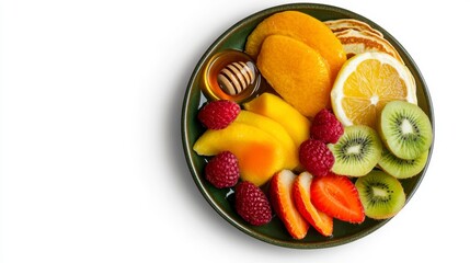 Colorful Fruit Platter with Mango, Raspberry, Kiwi and Honey