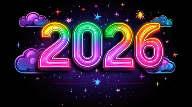 Colorful neon 2026 with stars and clouds on black background. Happy New Year 2026