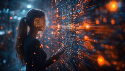 Agentic AI Interface Woman Controls Digital Data Stream - Futuristic Tech