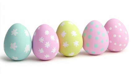 Obraz premium Five Pastel Easter Eggs with Floral and Polka Dot Designs on White Background