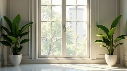 Fototapeta premium Serene Sunlight Illuminates a Room with Two Lush Indoor Plants in Elegant White Pots, Basking in the Warm Glow Near a Bright Window