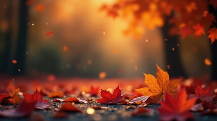Autumnal foliage scene with falling leaves and warm light, showcasing the beauty of nature's seasonal transition.