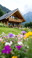 Alpine Chalet Among Flowers